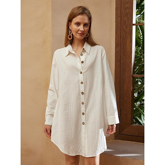Women's Shirt Dress Mini Dress Cotton Linen Button Up Button Basic ...