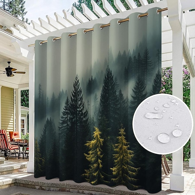  Waterproof Outdoor Curtain Privacy, Outdoor Shades, Sliding Patio Curtain Drapes, Pergola Curtains Grommet Foggy Forest For Gazebo, Balcony, Porch, Party