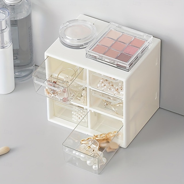  1/2pc 6-grid Cosmetic Storage Box Plastic Drawer Type Transparent Desktop Cabinet Jewelry Stationary Storage Container Organizer