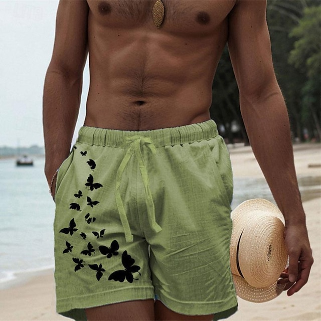  Men's Cotton Linen Shorts Summer Shorts Beach Shorts Drawstring Elastic Waist 3D Print Graphic Butterfly Breathable Soft Short Casual Daily Holiday Streetwear Hawaiian White Green Micro-elastic