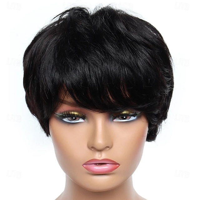  Peruki z fryzurą pixie dla czarnych kobiet Krótkie proste peruki z ludzkich włosów z grzywką Krótkie warstwowe peruki typu pixie dla czarnych kobiet