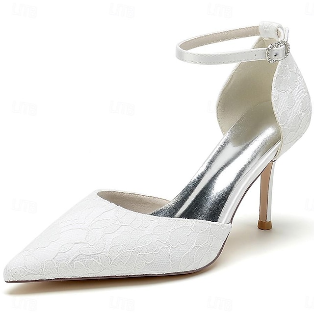  Women's Wedding Shoes Print Shoes Wedding Party Daily Embroidered Wedding Heels Bridal Shoes Bridesmaid Shoes Lace Stiletto Pointed Toe Elegant Fashion Lace Ankle Strap Black White Ivory