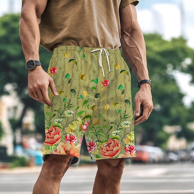  Men's Sweat Shorts Beach Shorts Drawstring Elastic Waist 3D Print Plants Soft Short Daily Holiday Streetwear Casual Athleisure Gradient orange Green Micro-elastic