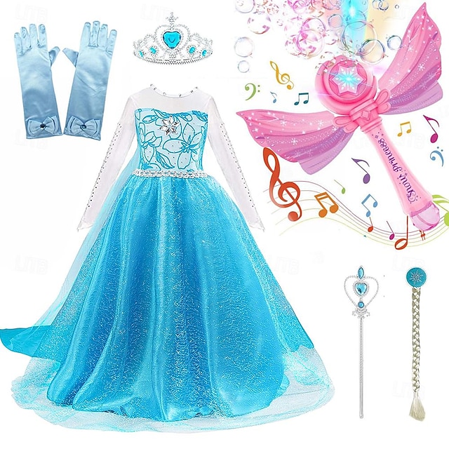  Kinder-Mädchenkleid mit elektrischer Seifenblasenmaschine, Kinder-Mädchen-Elsa Frozen-Kostümkleid mit Pailletten, Blumenmuster, Performance-Party, blau, Maxi-Langarm, Prinzessin, süße Kleider,
