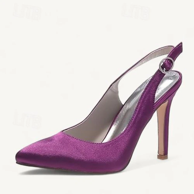 Women's Wedding Shoes Slingback Bridal Shoes Buckle Stiletto Pointed Toe Basic Pump Satin White Ivory Silver 16