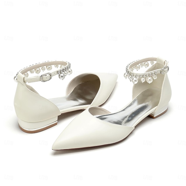  Women's Wedding Shoes Flats White Shoes Wedding Party Daily Wedding Flats Bridal Shoes Bridesmaid Shoes Imitation Pearl Flat Heel Pointed Toe Elegant Cute Luxurious PU Ankle Strap White Beige