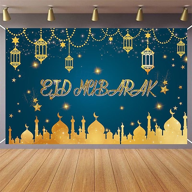  Grande decoração de festa de eid mubarak azul e dourado ramadan mubarak pano de fundo banner muçulmano ramadan banner cenário de cabine de foto para eid mubarak decoração de casa interna e externa