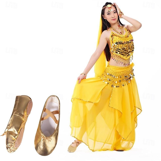 נעלי בלט לנשים סט ריקודי בטן אימון נעלי ריקוד במה מקורה סוליית עקב מפוצלת מקצועית סוליית עקב שטוח גומי גומי זהב - שרוך