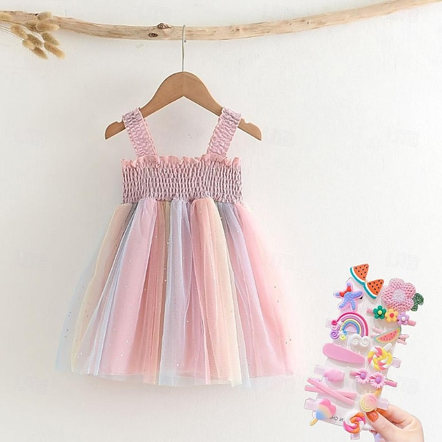  летняя юбка-бретелька для девочек, юбка принцессы из радужной мятой сетки, милая детская одежда для девочек с милыми мультяшными заколками
