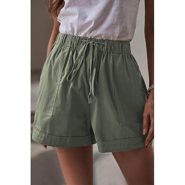  Women's Shorts Linen Cotton Blend Side Pockets Short Black Summer
