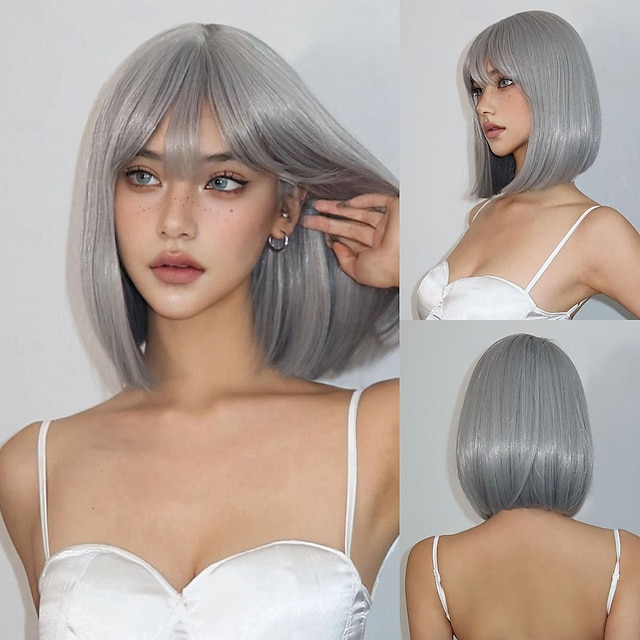  Synthetic Wig Uniforms Career Costumes Princess Straight kinky Straight Middle Part Layered Haircut Machine Made Wig 14 inch Silver grey Synthetic Hair Women's Cosplay Party Fashion Gray