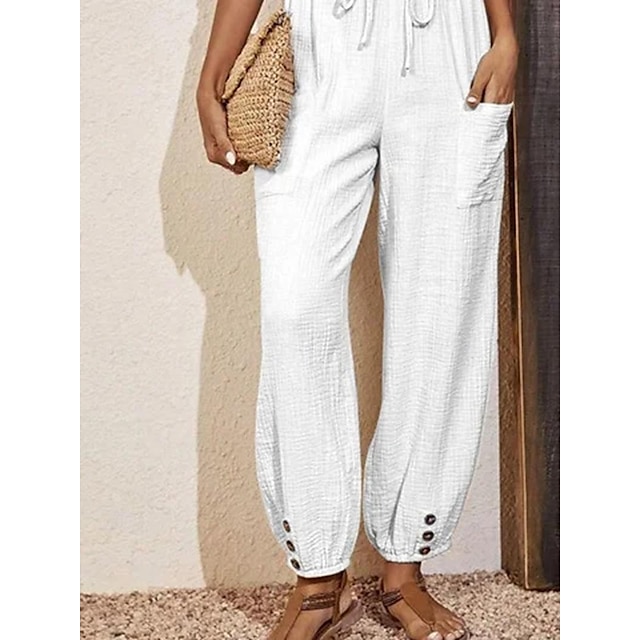  Women's Pants Trousers Linen Cotton Blend Side Pockets Full Length White Spring & Summer