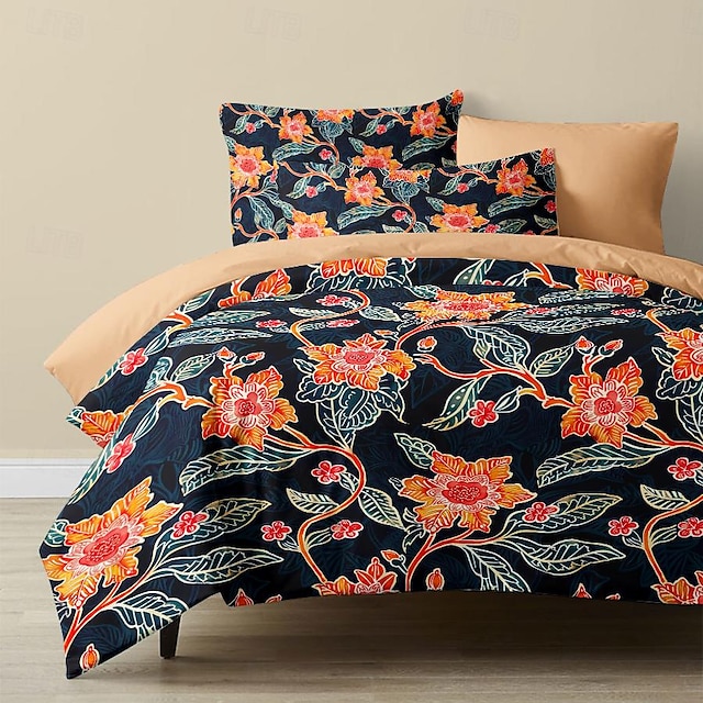  Bettbezug mit dunklem Blumenmuster, 3-teilig, 100 % Baumwolle oder Polyester, superweich, hautfreundlich und langlebig