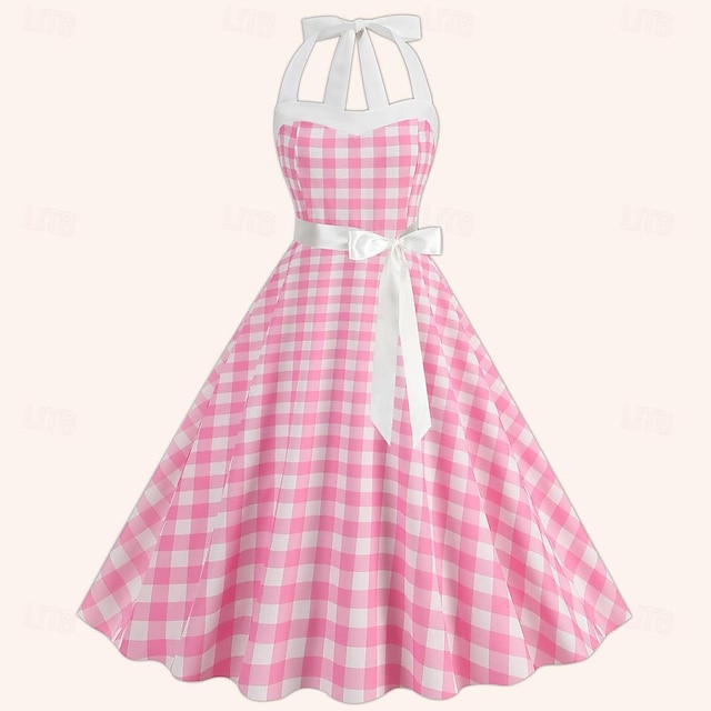  Retro Vintage 1950s Dress A-Line Dress Swing Dress Midi Women's Halter Plaid Checkered Gingham Date Dress