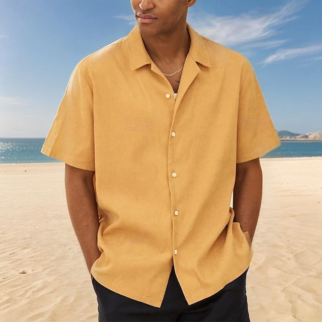  Homens Masculino Camisa Social Camisa de linho de algodão camisa de botão Camisa casual camisa de verão Preto Branco Amarelo Rosa Azul Marinha Manga Curta Tecido Lapela Havaiana Feriado Roupa Moda