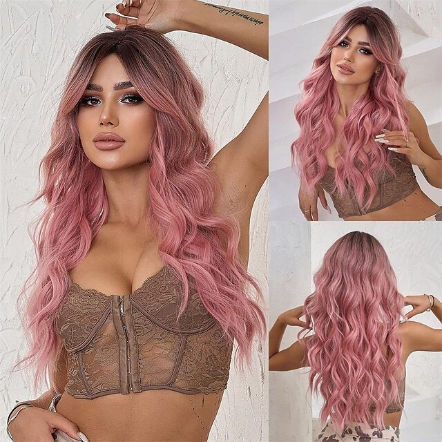  parrucca rosa per donne lunghe ombre da marrone a rosa parrucche ricce ondulate sintetiche con frangia parte centrale radici scure capelli scalati con frangia per ragazze festa cosplay halloween