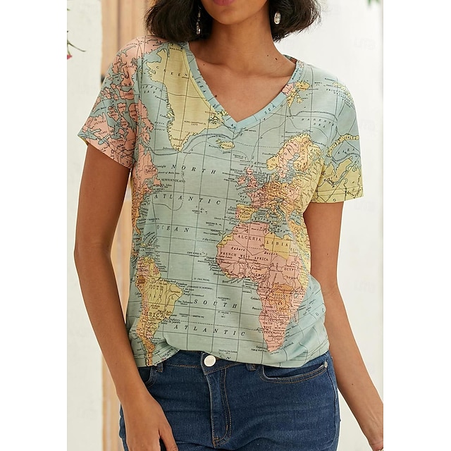  Women's T shirt Tee Blouse Graphic World Map Multi Color Street Daily Print T-shirt Sleeve pea green Short Sleeve Basic Modern V Neck Summer