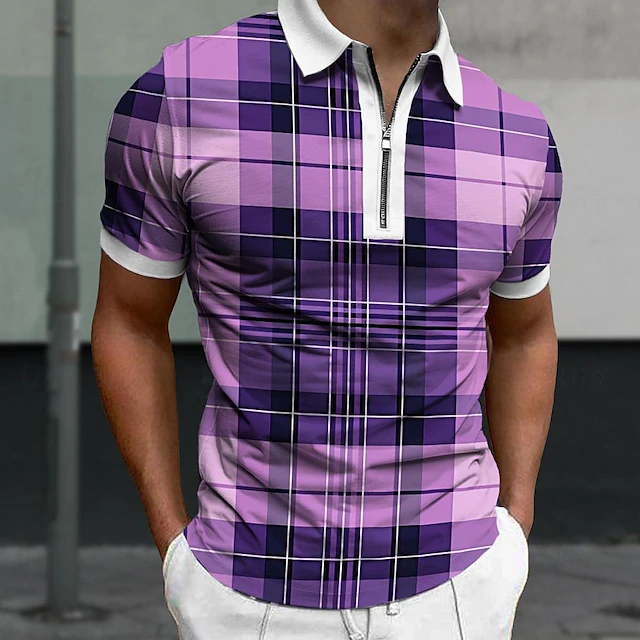 Men's Plaid Zip Polo Shirts Golf Shirt Short Sleeve Polo Shirts Collared Shirts Casual Vacation Wear Formal Wear Festival Wear 3D Print Quarter Zip Polo Summer Wine Purple 5
