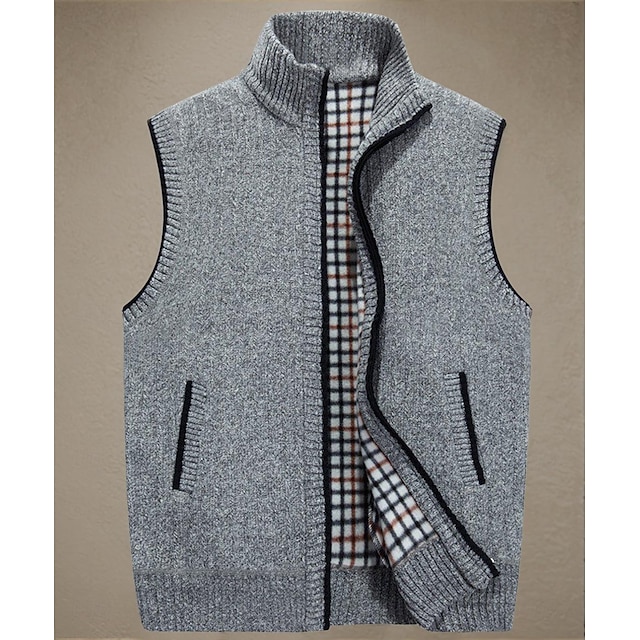  Men's Sweater Vest Cardigan Zip Sweater Sweater Jacket Fleece Sweater Knit Knitted Solid Color Stand Collar Modern Contemporary Outdoor Casual Clothing Apparel Winter Black Wine S M L