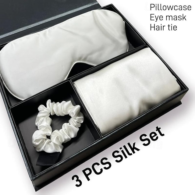  100% Mulberry Silk Pillowcase Set for Hair and Skin, 19 Momme Nature Silk-1 Pillowcases, 1 Eye Mask, 1 Scrunchie-Luxury Sleep Set Gift, Pillow Cases with Envelope Closure Standard Size