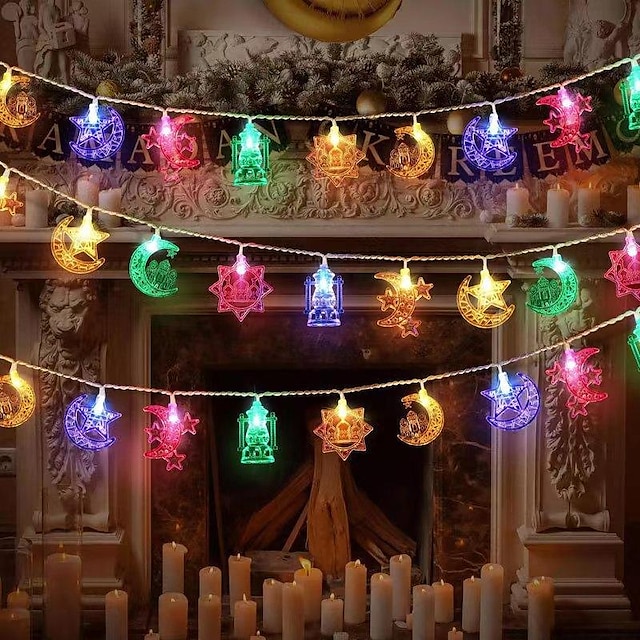 مصباح الكيروسين LED لعيد رمضان 1.5 متر 10 مصابيح LED ملونة على شكل قلعة القمر أضواء مبارك لقضاء العطلات ديكور المنزل