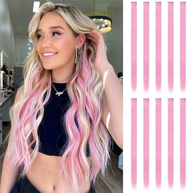  barevné růžové prodlužování vlasů clip in 10 ks růžové příčesky melír barevné rovné syntetické klipsy do vlasů pro ženy mřížky 22 palců