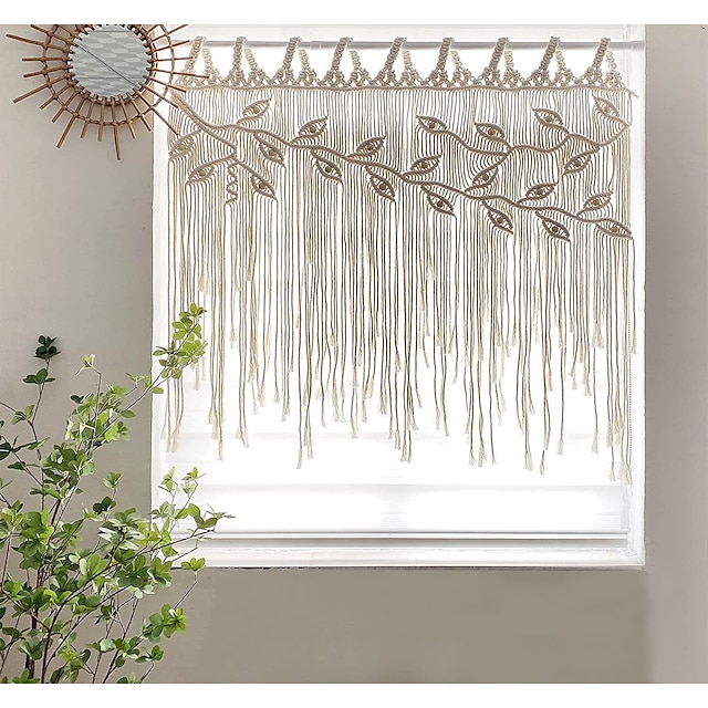  Cortina de janela de macramê, tapeçaria de tecido para pendurar na parede, quarto, cozinha, formato de folha, sala de estar, decoração de parede