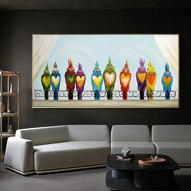  ציפורים מצחיקות אמנות קיר מודרנית 100% ציפורים צבעוניות מצוירות ביד, אוהבות ציור שמן על בד עם תוכים צבעוניים מצחיקים עיצוב אמנות חדר ילדים ללא מסגרת