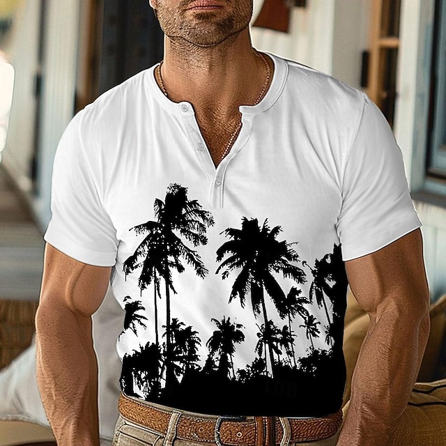  Graphic Coconut Palm Fashion Designer Comfortable Men's 3D Print Henley Shirt Casual Daily T shirt White Short Sleeve Henley Shirt Summer Clothing Apparel S M L XL 2XL 3XL