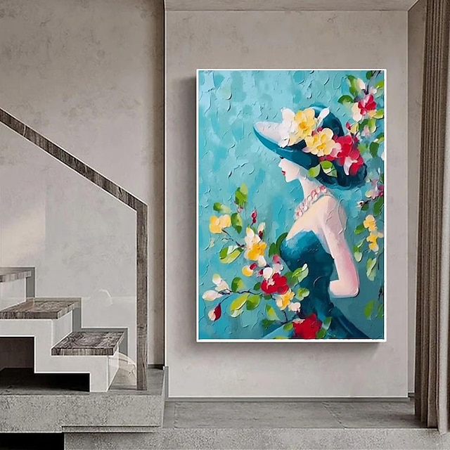  手描きの女性抽象画人物抽象画花テクスチャ壁アートグリーン油絵エレガントな女性の壁アート花の抽象画家の壁の装飾