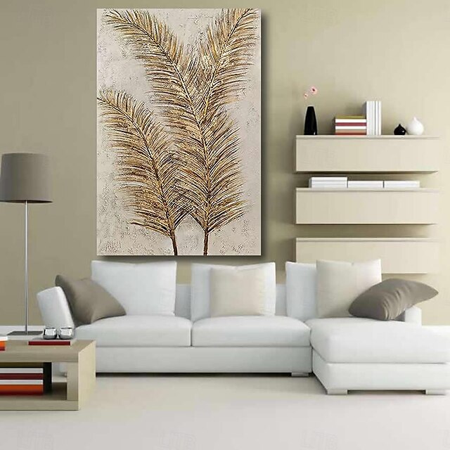  pintura a óleo artesanal pintada à mão arte de parede abstrata moderna folhas douradas plantas óleos pesados decoração de casa quadro esticado pronto para pendurar