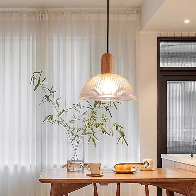  Luminária pendente de vidro strpe semicircular vintage com decoração em madeira para ilha de cozinha com balcão de bar com soquete e26 lâmpada de suspensão de altura ajustável para quarto reataurant