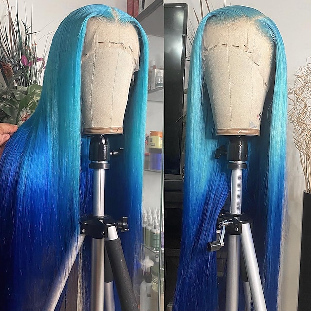  Synthetic Lace Wig Straight Style 24 inch Blue Silky Straight 13x4 Lace Front Wig All Wig Light Blue