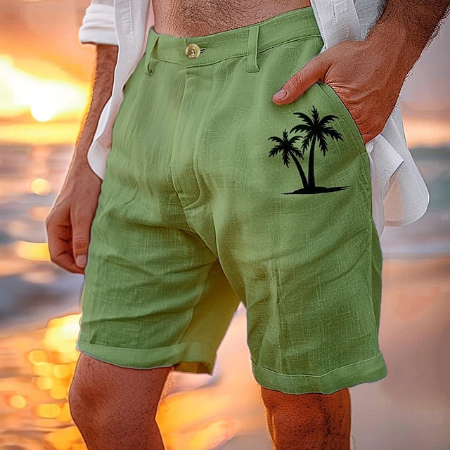  pantalones cortos de hombre pantalones cortos de lino pantalones cortos de verano pantalones cortos de playa cordón cintura elástica estampado cocotero confort corto diario vacaciones playa 30% lino vacaciones moda verde militar blanco