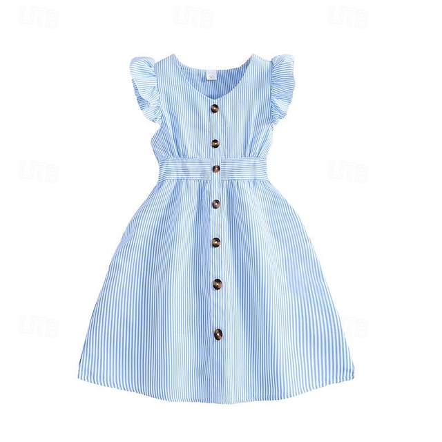  Fresh Striped Flying Sleeve V-Neck Waist-Tied Dress For Party Outdoor Casual Fashion