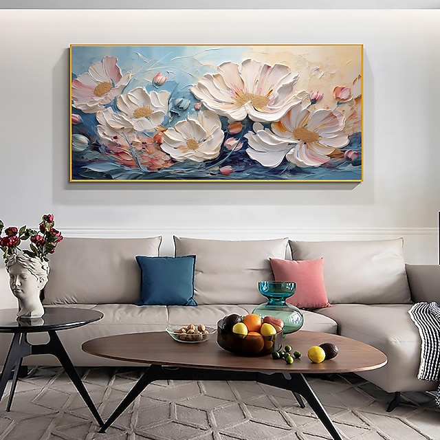  ručně vyráběný originální bílý květ olejomalba na plátně růžová nástěnná umělecká výzdoba tlustá textura malba květů pro domácí dekoraci s nataženým rámem/bez vnitřního rámečku malba