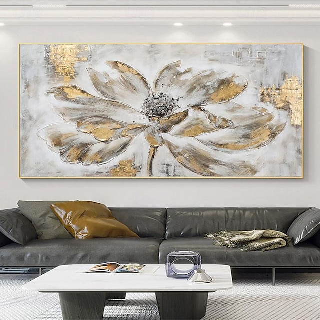  لوحة جدارية كبيرة الحجم مرسومة يدويًا على شكل زهرة ذهبية لديكور المنزل، لوحة مصنوعة يدويًا نقية على القماش، صورة فنية كبيرة الحجم لغرفة المعيشة بدون إطار