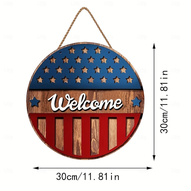  木製の独立記念日歓迎旗飾り - 国民の祝日用の木製のドア掛け飾り、愛国的なドア看板
