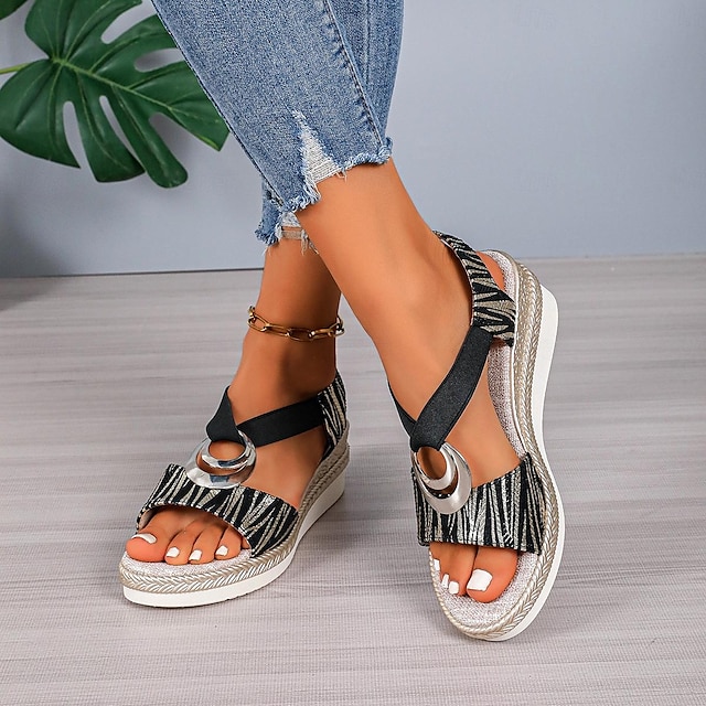 Damen Sandalen Sandalen mit Keilabsatz Komfort Schuhe Täglich Strand Keilabsatz Peep Toe Urlaub Komfort PU Halbschuhe Schwarz