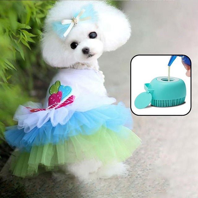  Summer Dog Clothes with Dog Bath Brush  Princess Dress Teddy Bears Two legged Clothes Mesh Lace Bunny Skirt