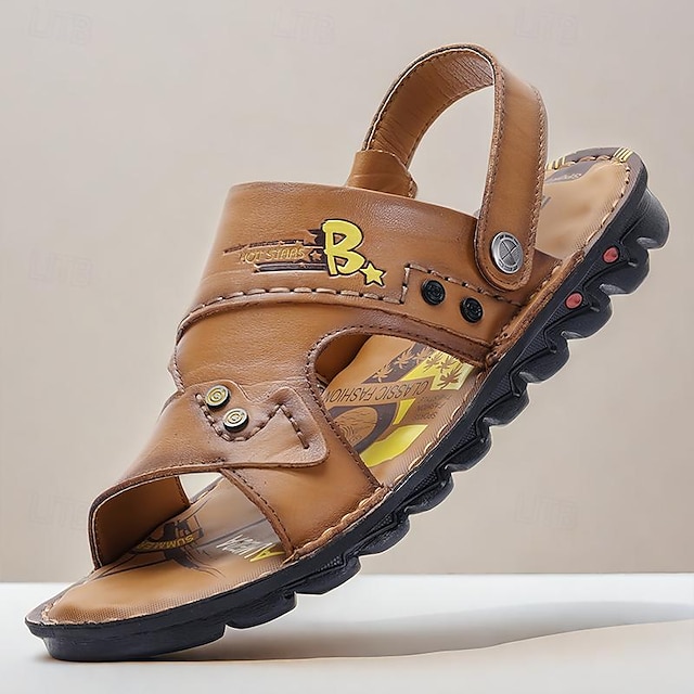  Men's Sandals Flat Sandals Leather Breathable Comfortable Slip Resistant Buckle Black Brown Coffee