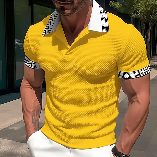  Men's Business Polo Golf Shirt Work Casual Lapel Ribbed Polo Collar Short Sleeve Basic Modern Color Block Patchwork Button Spring & Summer Regular Fit Light Yellow Dark red Black White Navy Blue