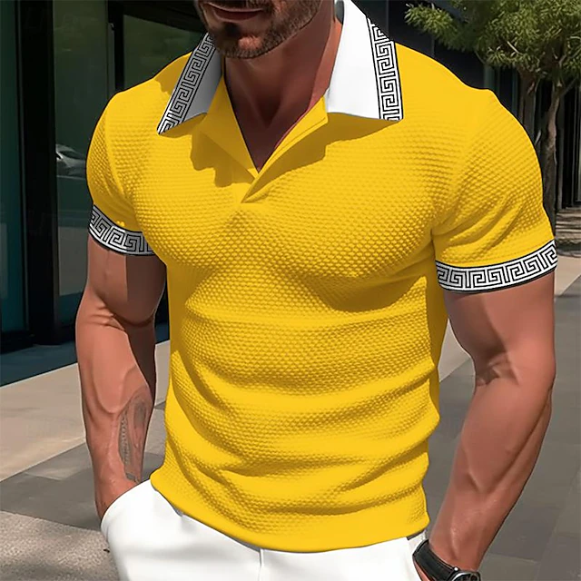 Men's Waffle Polo Shirts Business Polo Work Casual Lapel Ribbed Polo Collar Short Sleeve Modern Old Money Style Color Block Patchwork Pocket Spring & Summer Regular Fit Light Yellow Dark red Black 14