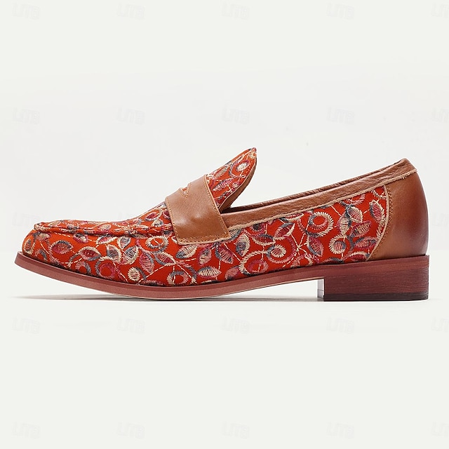  Men's Loafers Wine Leather Floral Embroidered
