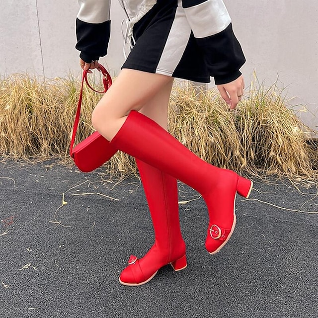  Women's Boots Biker boots Heel Boots Daily Knee High Boots Buckle Chunky Heel Round Toe Fashion Minimalism PU Zipper Black White Red