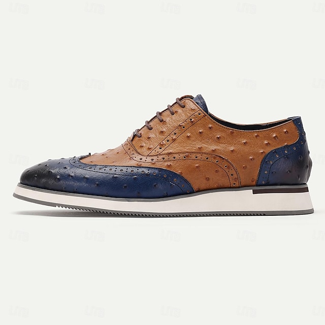  Men's Dress Sneakers Leather Italian Full-Grain Cowhide Slip Resistant Lace-up Brown / Blue Color Block