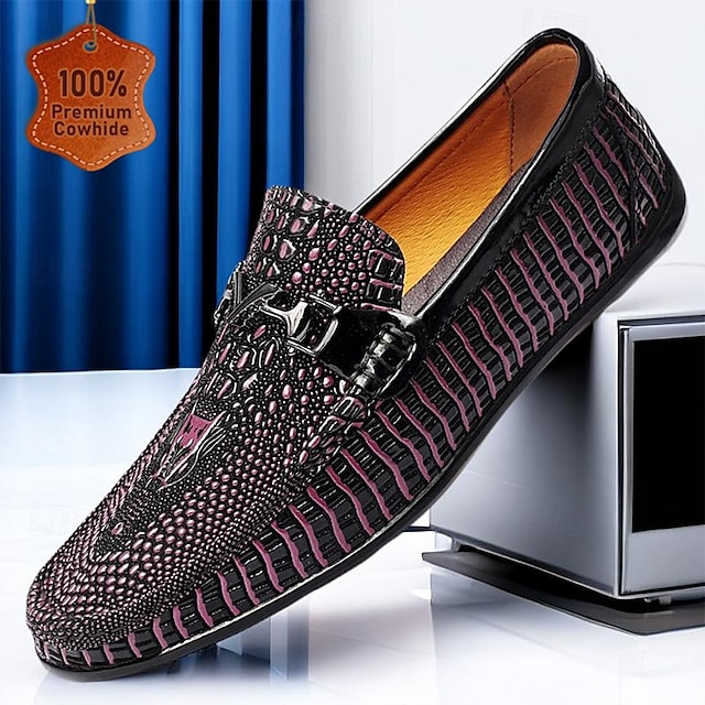 Men's Loafers Black Pink Leather Vintage Crocodile Pattern