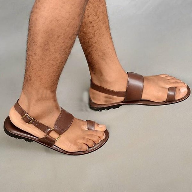  Męskie sandały ze skóry syntetycznej sandały na płaskim obcasie gladiatorki rzymskie buty do chodzenia na co dzień plaża wakacje na świeżym powietrzu oddychające wygodne kapcie z klamrą czarne brązowe lato