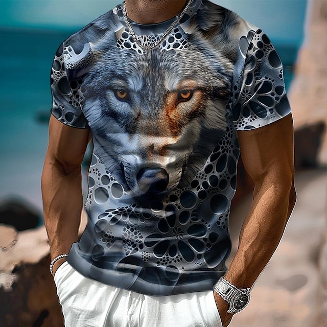  Grafisch dier Wolf 3D gezwollen Retro vintage Casual Street Style Voor heren 3D-afdrukken T-shirt Buitensporten Feestdagen Uitgaan T-shirt Grijs Korte mouw Strakke ronde hals Overhemd Lente zomer