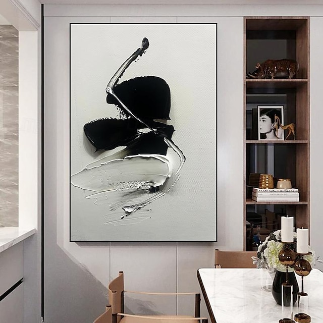  Color gris hecho a mano, pintura al óleo negra gruesa moderna abstracta original sobre lienzo, arte de pared pintado a mano para marco de oficina listo para colgar